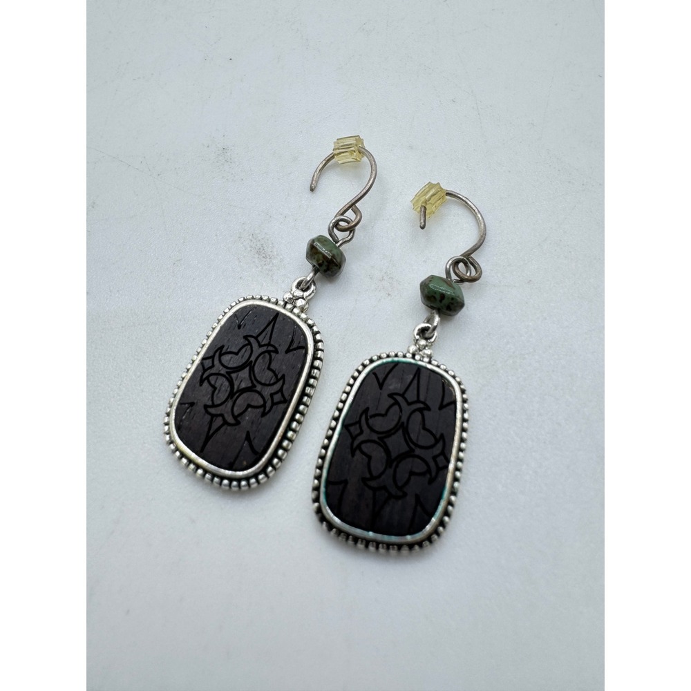 Monet Silver Tone Carved Wood Rectangle Drop Earrings Green Stone Accent